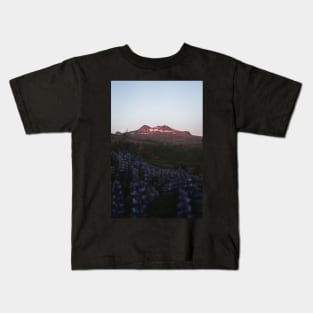 Magical Sunset in the Icelandic Mountains with lupin flowers Kids T-Shirt